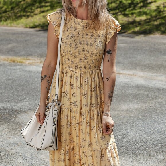 B265 Yellow Boho Floral Print Ruffle Smocked Flowy Summer Dress - Picture 1 of 12